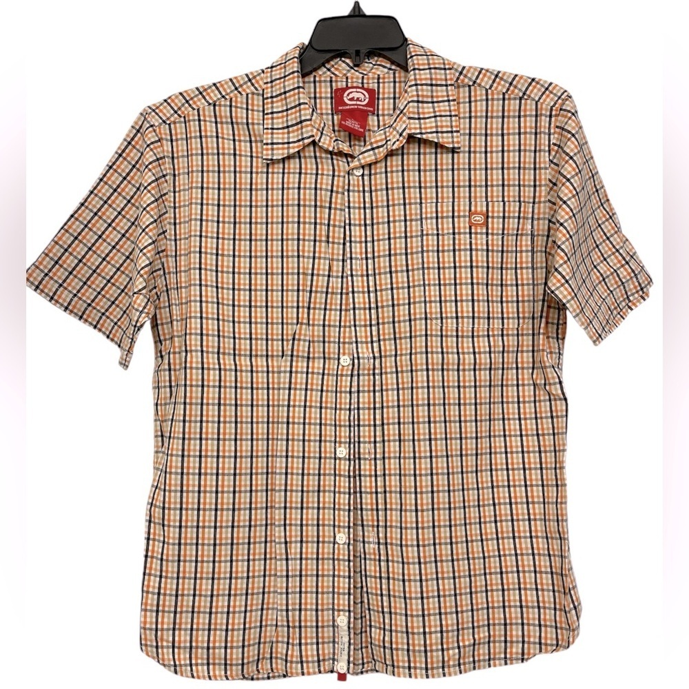 ECKO Unlimited• 100% Cotton Woven Shirt Orange Blue Plaid, Men’s Size L
